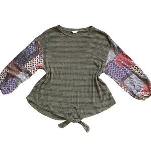 Alchemy Thread L Mix Media Waffle Knit Patchwork Sleeve Tie Waist BOHO Top 5E
